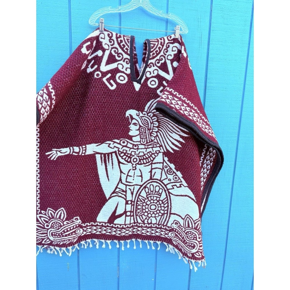 One Size Poncho Burgundy Red With White Hand Made In‎ México Aztec Calendar - Picture 7 of 11